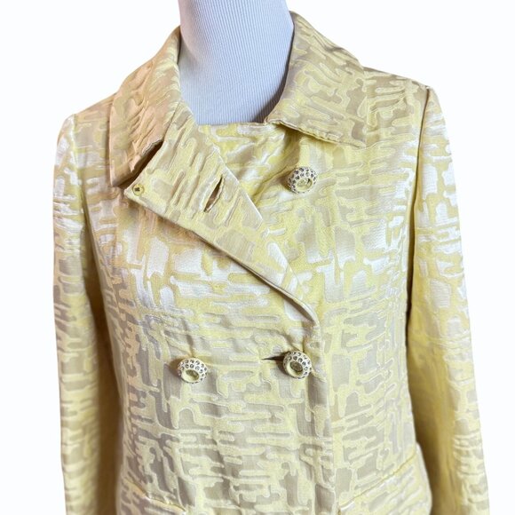 VTG 60s Tapestry Pea Coat Butter Yellow Rhinestone Buttons Mod Old Money Luxury - Picture 2 of 12
